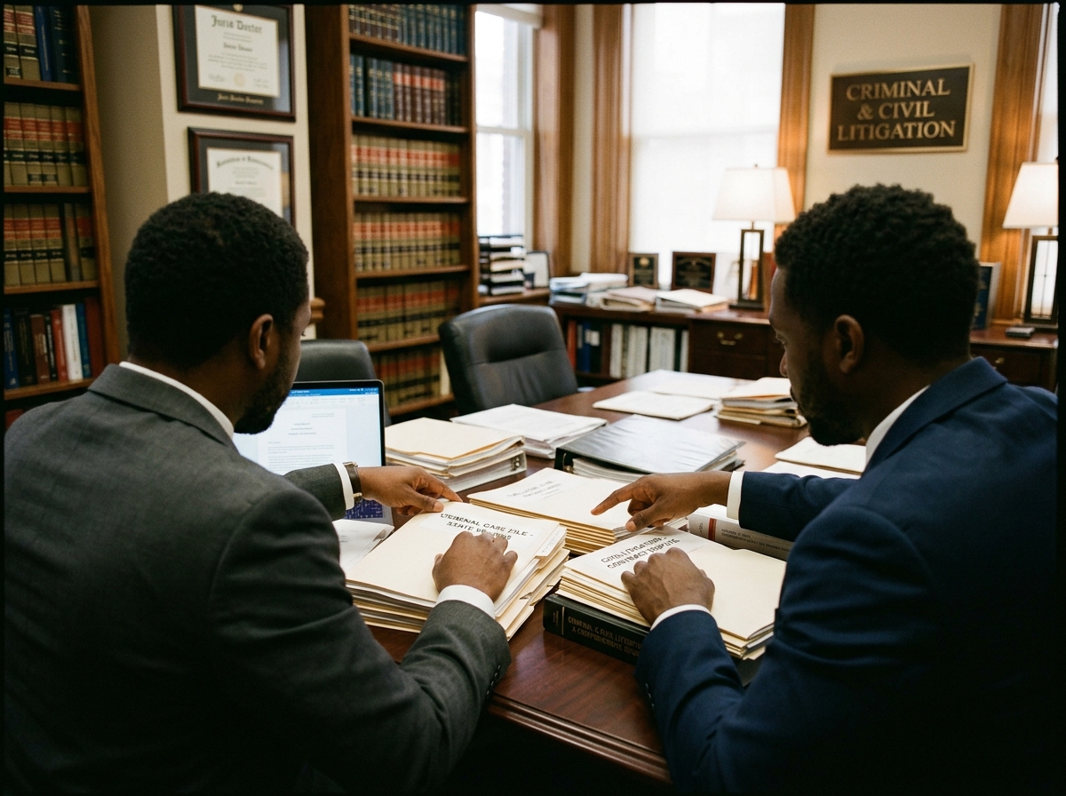 Criminal and civil litigation — black lawyers courtroom representation